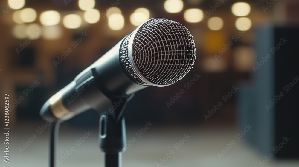Poster A close-up of a microphone on a stand with a blurred background, suitable for music or audio-related projects