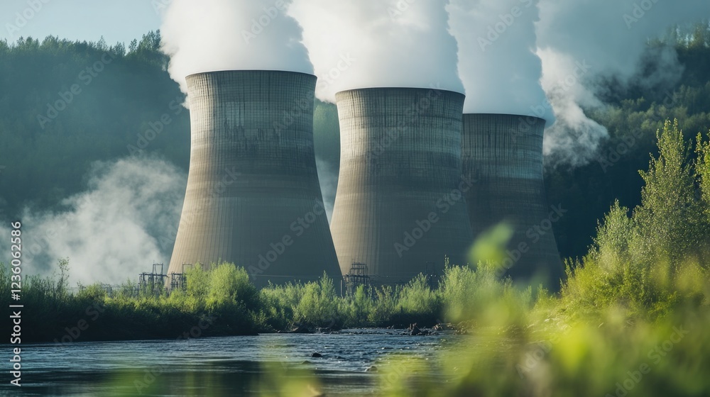 Poster two large industrial cooling towers with visible smoke output