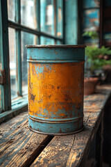Fototapeta premium Rustic weathered metal canister on wooden surface by sunlit window