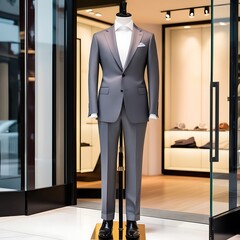 Fototapeta premium Stylish grey suit displayed on a mannequin, placed front and center in a high-end retail store. The mannequin is positioned near the entrance .