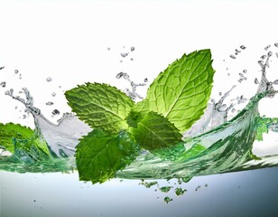  Fresh mint leaves splashing in water isolated on white