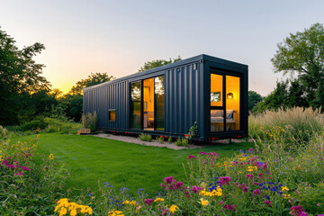 Modern shipping container house surrounded by vibrant flowers at sunset.