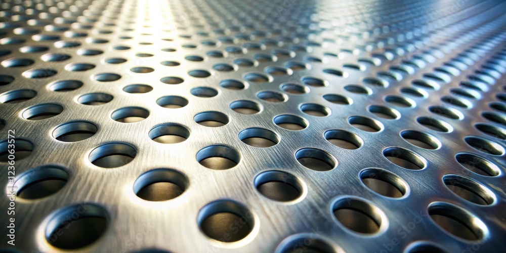 Poster A closeup view of a perforated metal sheet with a shiny surface, the circular holes arranged in a regular grid pattern, casting a subtle reflection of light.