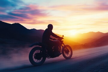 Obraz premium A person rides a motorcycle along a dusty trail
