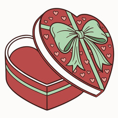 Red heart gift box, green bow, icon vector design
