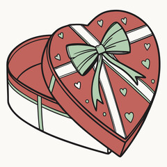 Red heart gift box, green bow, icon vector design