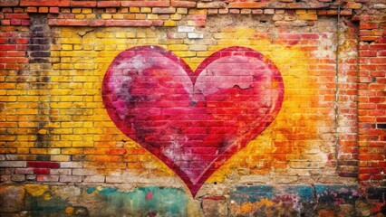 Fototapeta premium A painted red heart on an old, weathered brick wall with shades of yellow and orange