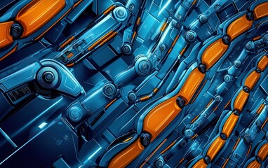 Blue orange robotic arm mechanism, complex texture, futuristic background, tech design