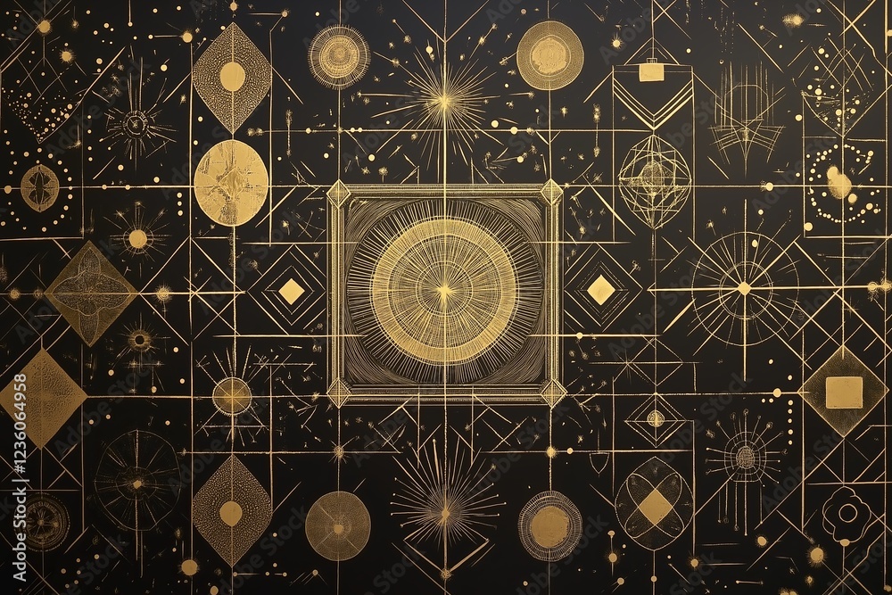 Poster a dark background with golden geometric shapes arranged in an elegant design