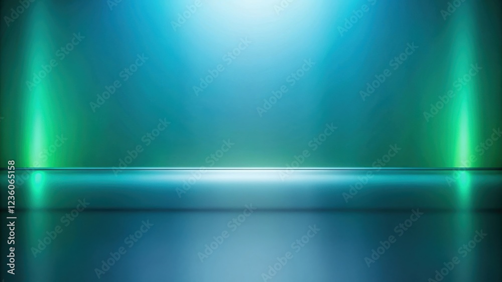 Poster Abstract blue and green background with a single platform in the middle of the image. The platform is illuminated by two green lights on each side, creating a futuristic and modern feel.