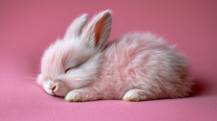 Pink bunny sleeping soundly on pink background