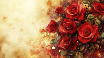 Elegant watercolor background featuring a cascade of deep red roses with delicate petals, golden sparkles, and a soft romantic glow, perfect for Valentine Day. 