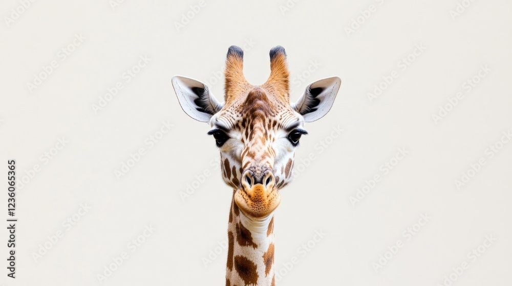 Poster a close-up view of a giraffe's head and neck, showing distinctive markings and features