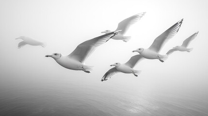 Obraz premium Seagulls flying in formation across a foggy sky. Generative AI