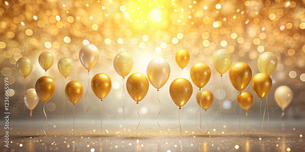 Poster a festive display of golden balloons floating against a backdrop of glittering bokeh, symbolizing ce