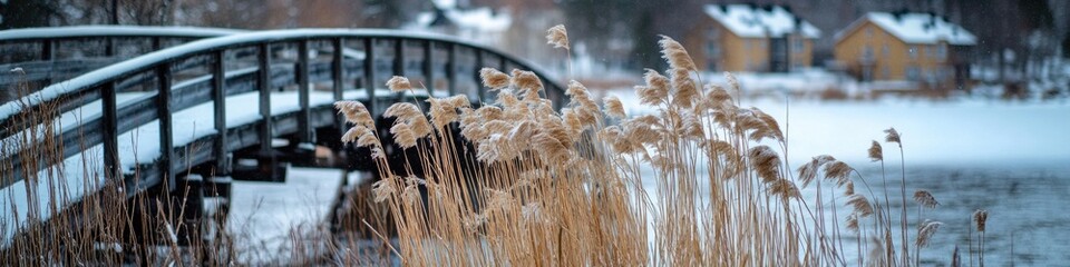 Fototapeta premium A serene image of a bridge spanning a body of water, surrounded by tall grass
