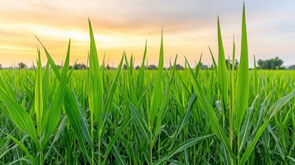 Fototapeta premium Dew Kissed Rice Paddy Field At Sunrise