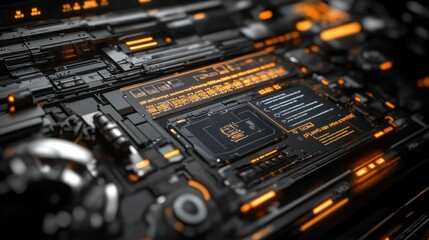 Fototapeta premium Futuristic server data center glowing orange digital processing
