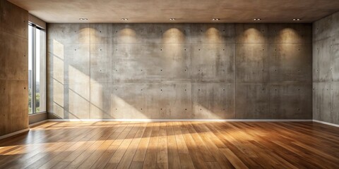 Empty Room with a Concrete Wall and Wood Floor Illuminated by Spotlights