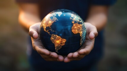 Fototapeta premium Child's hands hold glowing Earth, sunset background, global care concept