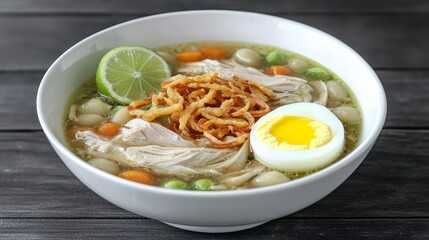 Famous Food of Indonesia concept. Delicious bowl of chicken soup with vegetables, egg, and lime garnish.