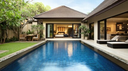 A stylish minimalist villa with a lush courtyard garden, sparkling pool, and sleek black-framed windows embracing natural light
