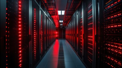 Fototapeta premium Red-lit server room corridor; data center infrastructure