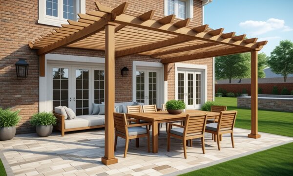 Charming backyard patio with wooden pergola and outdoor dining set on sunny day