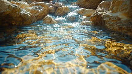 Obraz premium Abstract visualization of clarity, with clear water flowing through a rocky landscape, symbolizing peaceful thoughts 