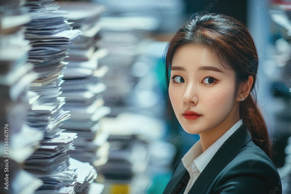 Poster a woman stands in front of stacks of papers, possibly preparing for a task or organizing documents