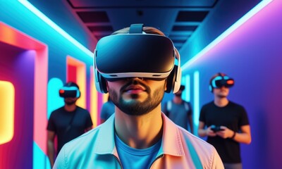 Immersive virtual reality experience with multiplayer gaming and colorful neon lights
