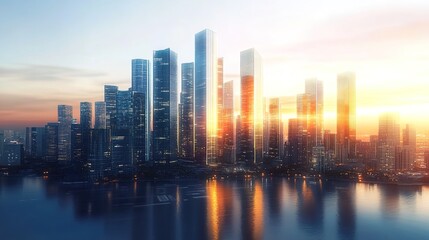 Obraz premium A futuristic cityscape at sunrise, with skyscrapers and buildings made of transparent glass reflecting the golden light of dawn. 