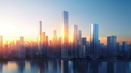 Fototapeta premium A futuristic cityscape at sunrise, with skyscrapers and buildings made of transparent glass reflecting the golden light of dawn. 