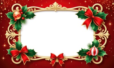 Festive christmas frame with holly and ornaments on elegant red background