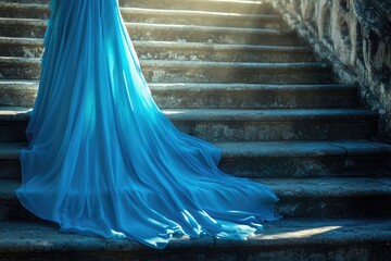 A woman stands on steps wearing a blue dress, suitable for use in travel or lifestyle photography