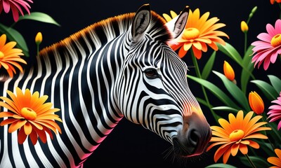 Vibrant zebra amidst colorful flowers on black background