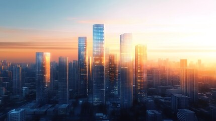 Fototapeta premium A futuristic cityscape at sunrise, with skyscrapers and buildings made of transparent glass reflecting the golden light of dawn. 