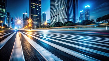 Fototapeta premium Stripes moving fast on road surface at night with city lights reflected , urban landscape