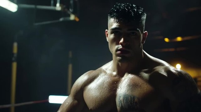 Cinematic shot of a muscular male boxer standing in a dimly lit boxing gym, covered in sweat. The intense stare and dramatic lighting emphasize his strength, determination, and focus before a fight