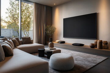 Modern minimalist living room with large tv and contemporary decor
