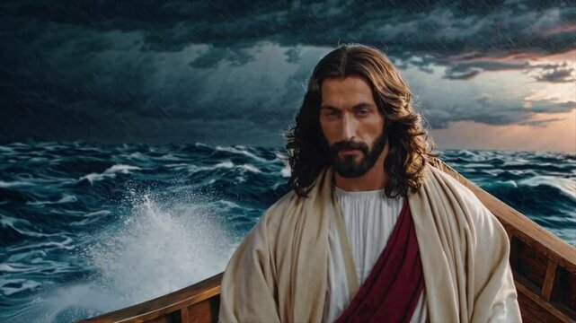 Faith Over Fear&mdash;Jesus Stops the Violent Storm on the Waters, Loop video, Generative AI