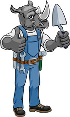 Obraz premium Rhino Bricklayer Builder Holding Trowel Tool