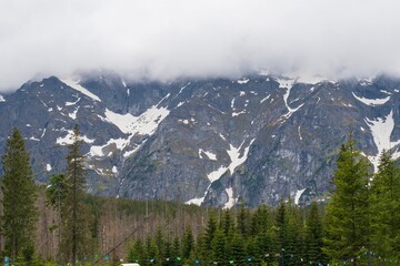View of the Tatra Mountains in cloudy cloudy weather in Poland. Mountain landscape.