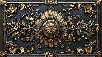 Ornate gold relief panel on dark background with floral and scrollwork design.
