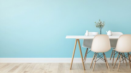 Minimalist dining room, light blue wall, white table, chairs, floral centerpiece, empty space