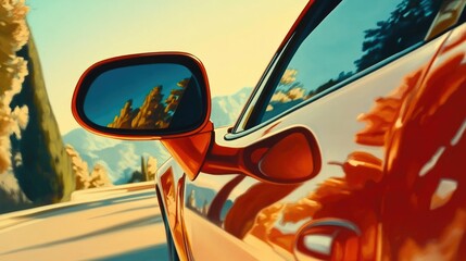 Close-up of a car's side mirror reflecting a scenic road, capturing the rearview perspective in vivid detail.