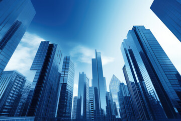 Fototapeta premium Blue skyscrapers reaching for the sky