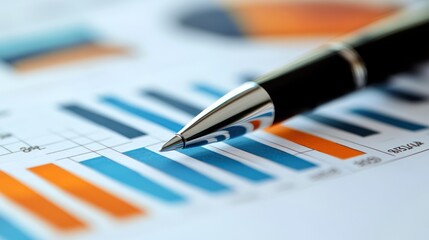 Pen on financial charts, office desk, analysis