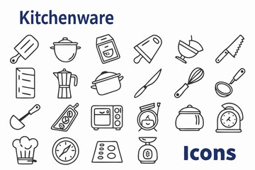  A collection of 45 black and white line icons, each representing a different kitchen utensil or appliance, arranged in a grid on a white background with a blue header and footer. The icons are simple