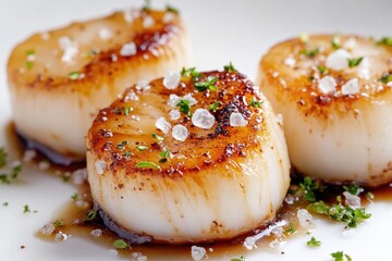 Fresh scallops served on a white plate with a savory sauce, ideal for food blogs and restaurants